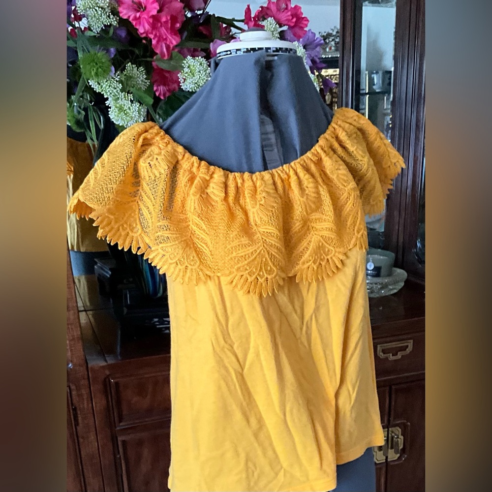 Yellow Off-Shoulder Lace Trim Women’s Top